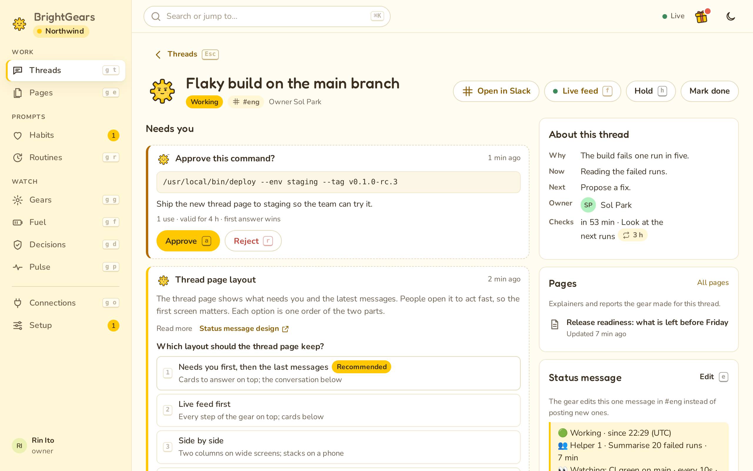 A thread page with an approval card for a deploy command and a decision card with a recommended option.