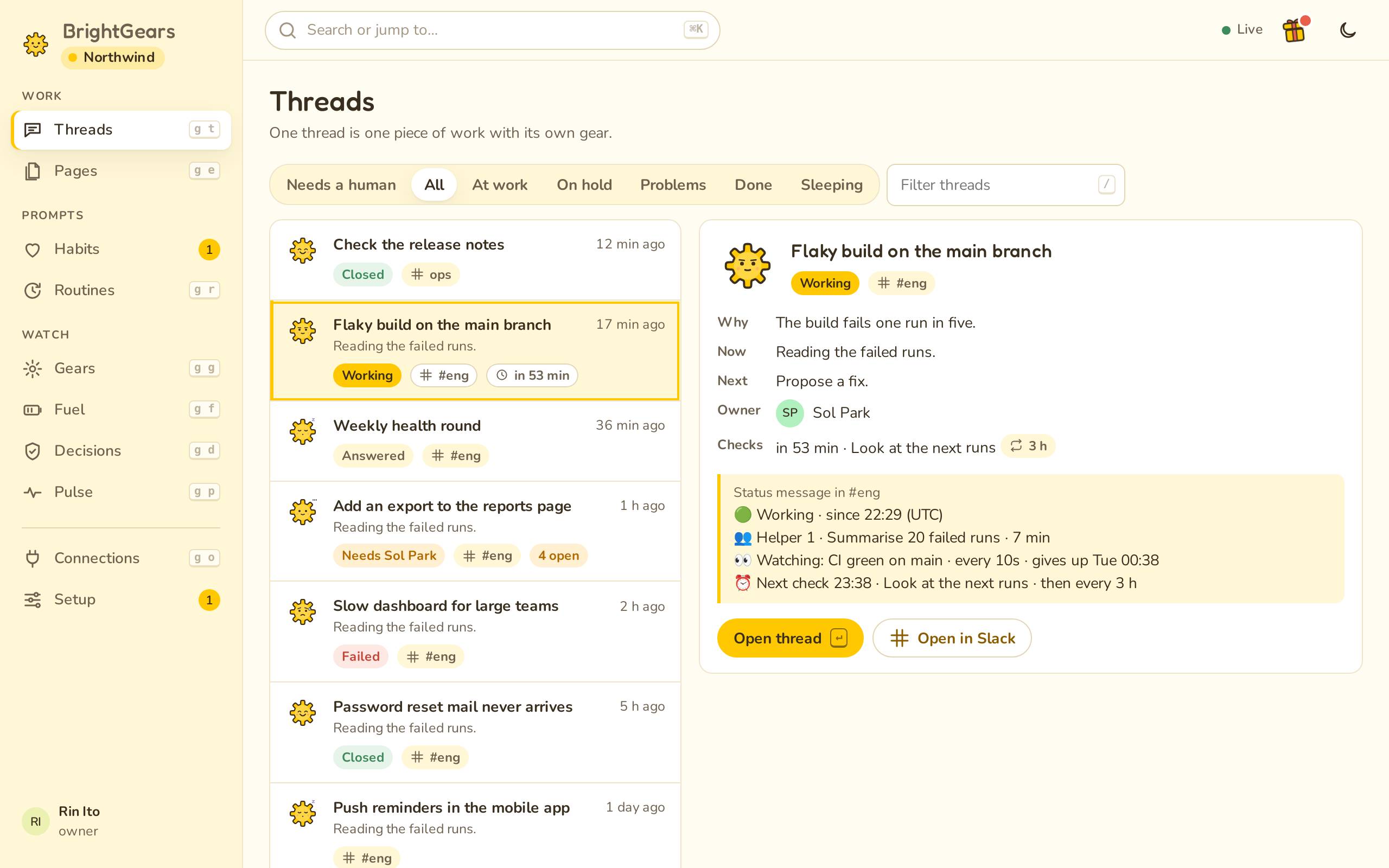 The threads list on At work, with a thread’s why, now, next and status message.