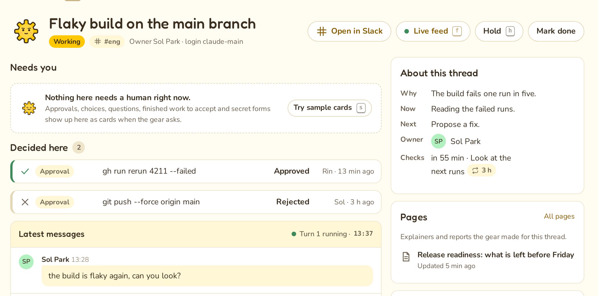 A BrightGears thread page: the thread's status, why, now and next, the decisions made in it and the latest messages.