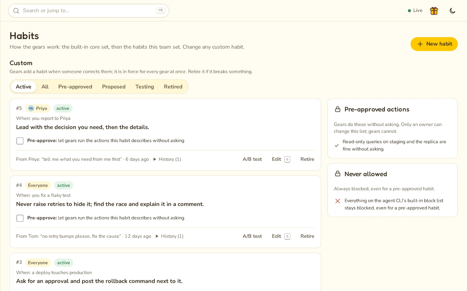 The Habits page: custom habits in plain words, each with who it applies to, the correction it came from, and controls to edit, A/B test or retire it.