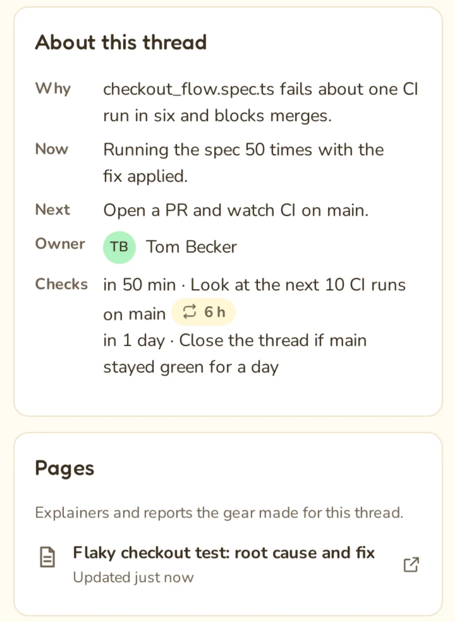 The side panel of a thread page: why, now, next, owner and checks, then the Pages the gear made for this thread.