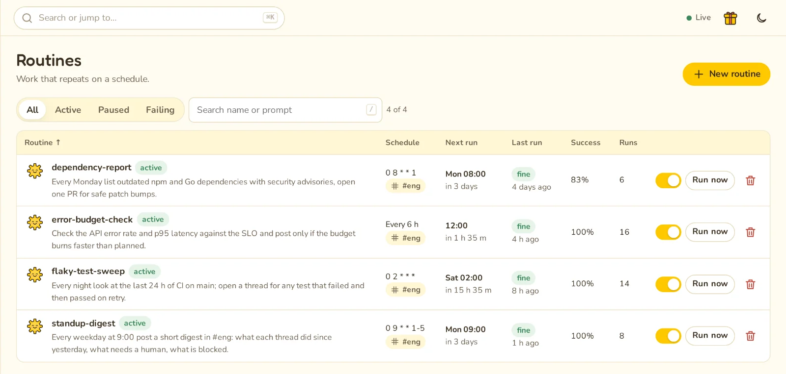 The Routines page: four scheduled routines with their schedule, channel, next run, last run, success rate and run count.